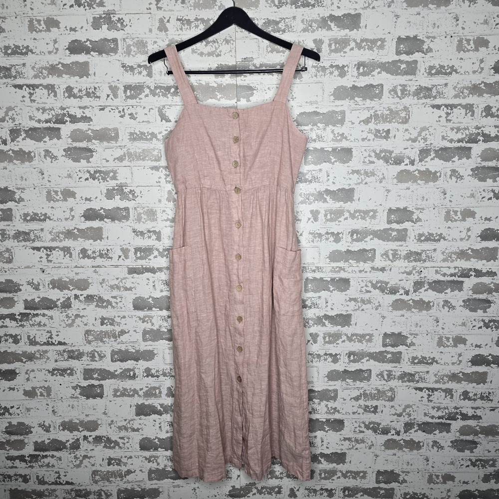 Rachel Zoe 100% Linen Apron Dress Halter Sleeveless Button Shirt Cottagecore 8